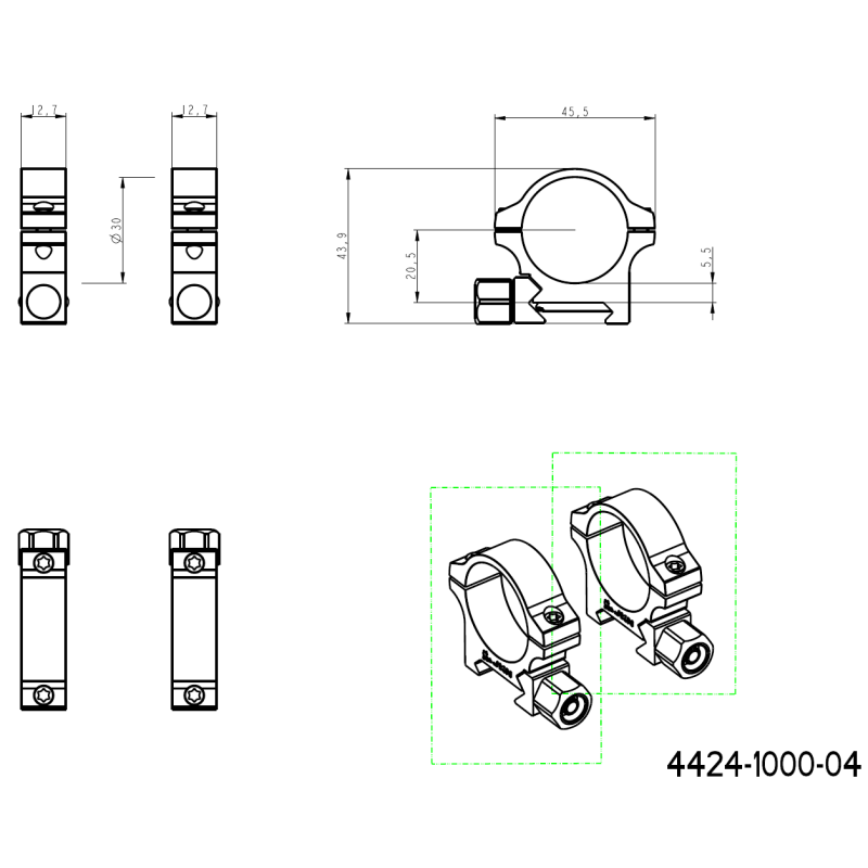 30mm Scope Réng | Picatinny Basis mat Schrauwenmutter 