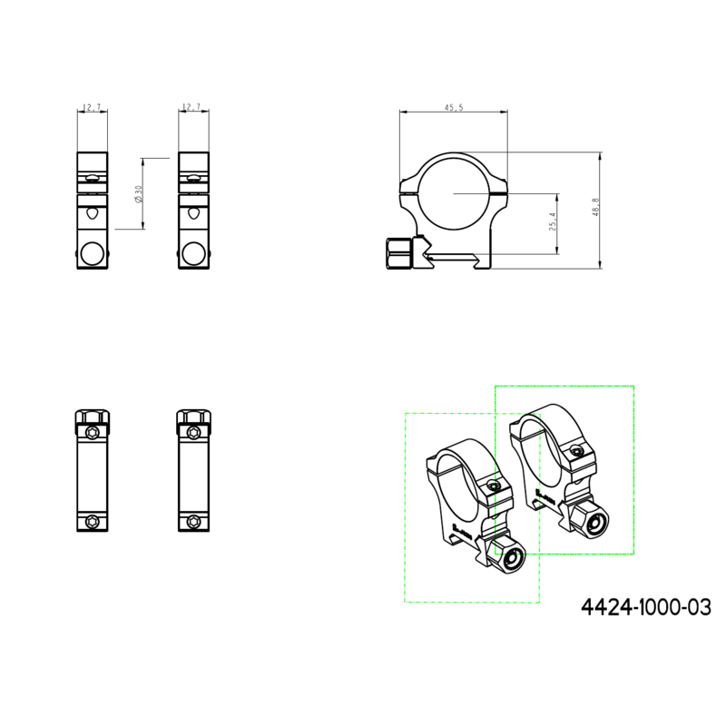 30mm Scope Réng | Picatinny Basis mat Schrauwenmutter 